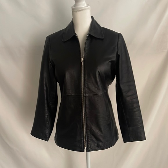 COPY - Macy’s Black Leather Jacket Petite - Picture 1 of 6